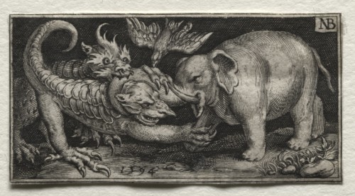 Fighting Chimeras and Scenes to Aesop's Fables: Elephant  Fighting two Beasts, 1594. Nicolaes de