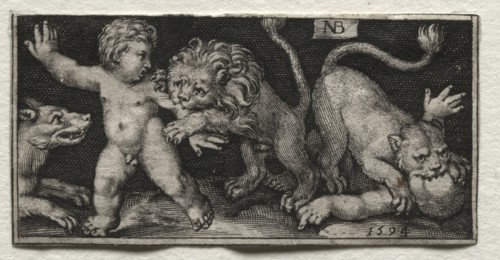 Fighting Chimeras and Scenes to Aesop's Fables: Lions Attacking Children, 1594. Nicolaes de Bruyn