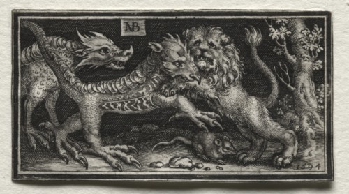 Fighting Chimeras and Scenes to Aesop's Fables: Lion Fighting two Beasts, 1594. Nicolaes de Bruyn
