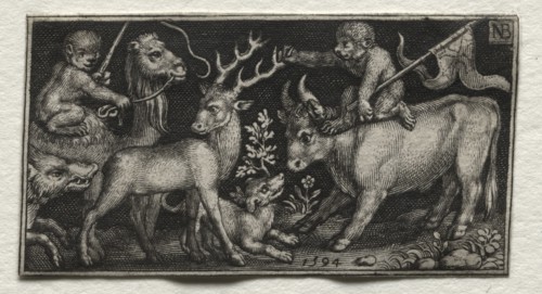 Fighting Chimeras and Scenes to Aesop's Fables: Monkeys Riding a Camel and a Bull, 1594. Nicolaes