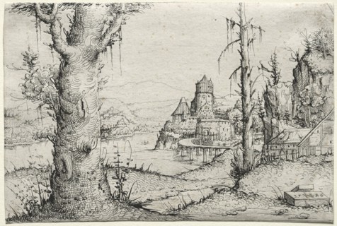River landscape with large tree at left, 1546. Augustin Hirschvogel (German, 1503-1553). Etching