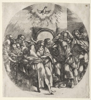 The descent of the holy spirit, 1518. Domenico Campagnola (Italian, 1500-1564). Engraving