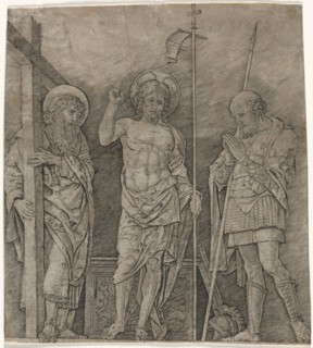 The Risen Christ between St Andrew and Longinus, early 1470's. Andrea Mantegna (Italian, 1431-1506)