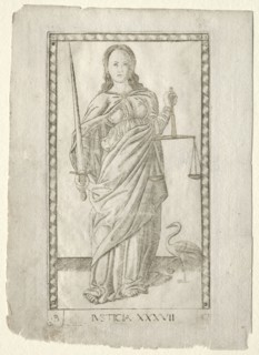 Justice (from the Tarocchi, series B: Cosmic Principles & Virtues, #37), before 1467. Master of the