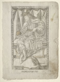 The Emperor (from the Tarocchi, series E: Conditions of Man, #9), before 1467. Master of the