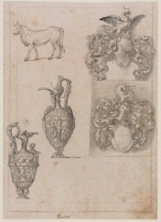Design for Two Vases, Two Coats of Arms, and a Bull (recto) Several Line Borders (verso), mid 1500s