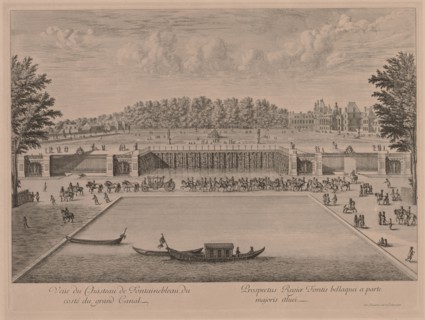 Chateau Fontainebleau from the Grand Canal. Jacques Rigaud (French, 1681-1754). Engraving
