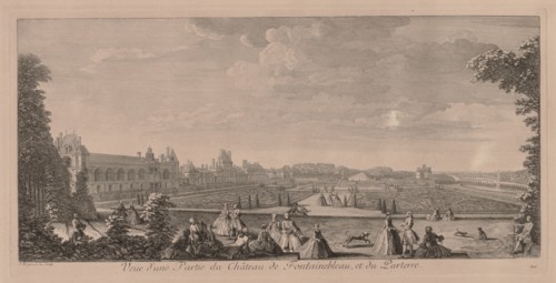 Chateau Fontainebleau and Gardens. Jacques Rigaud (French, 1681-1754). Engraving
