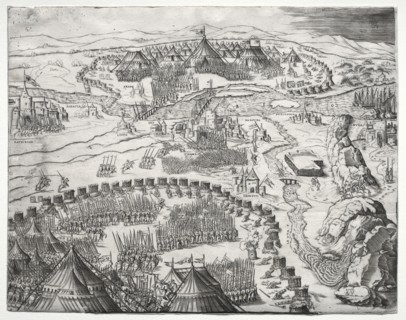 The Position and Camp of the Armies of Charles V and Soliman II, 1532. Agostino Musi (Italian,