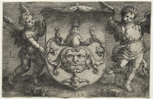 A Shield Bearing a Mask Supported by Two Genii, 1527. Lucas van Leyden (Dutch, 1494-1533).