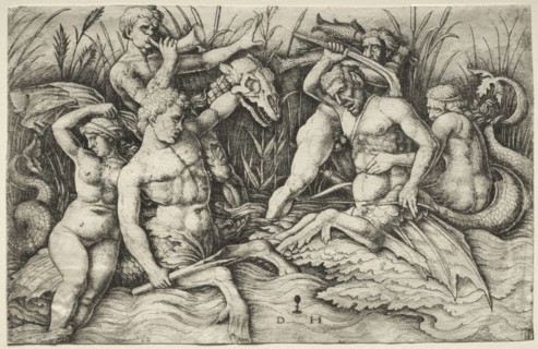 Two Tritons fighting - Battle of the Sea Gods (right portion). Daniel I Hopfer (German, c.