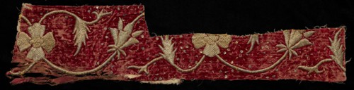 Fragment, 1800s. India, Jaipur, 19th century. Embroidery; silk and gold filé on silk velvet ground;