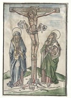 Christ on the Cross, 1400s. Germany, 15th century. Woodcut with watercolor added by hand