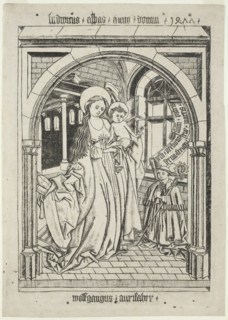 Virgin and Child, Abbot Ludwig Kneeling, 1400s. Germany, 15th century. Woodcut
