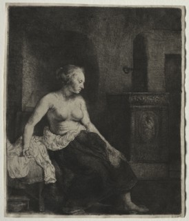 Woman Sitting Half Dressed Beside a Stove, 1658. Rembrandt van Rijn (Dutch, 1606-1669). Etching and