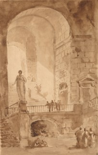 Vaulted Staircase, c. 1770-1779. Hubert Robert (French, 1733-1808). Pen and brown ink and brush and