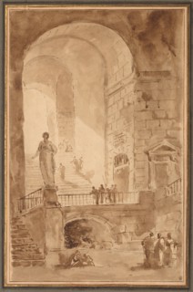 Vaulted Staircase, c. 1770-1779. Hubert Robert (French, 1733-1808). Pen and brown ink and brush and