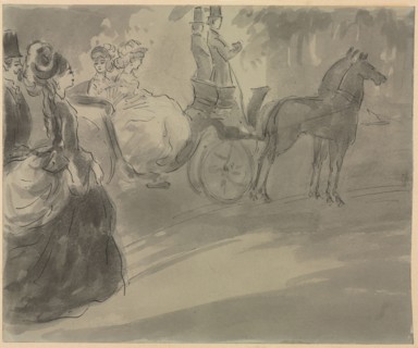 A Stop in the Park, 1800s. Constantin Guys (French, 1805-1892). Pen and black ink and brush and