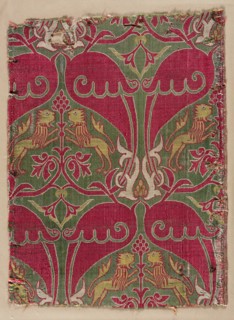 Lampas with rampant lions, palmettes, and escutcheons, 1400s. Spain, Granada, Nasrid period.