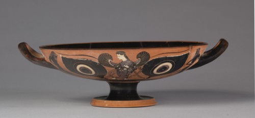 Black Figured Eye Kylix, 500s. Greece, 6th Century BC. Black-figure terracotta; diameter: 21.3 cm