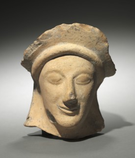 Woman's Head with Crown, 500s BC. Greece, Sicily (?), 6th Century BC. Terracotta; overall: 15.8 cm