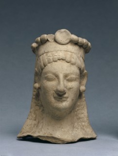 Woman's Head with Crown and Earrings, 600-475 BC. Greece, Sicily (?), 6th Century BC, or early 5th