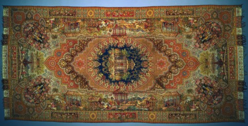Shawl with Genre Scenes, 1875-1899. France, Paris or Lyon, 3rd quarter 19th century. Woven silk;