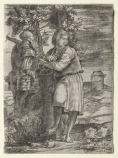 Shepherd and Old Warrior, 1517. Domenico Campagnola (Italian, 1500-1564). Engraving