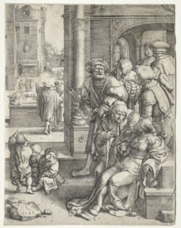The Poet Virgil Suspended in a Basket, 1525. Lucas van Leyden (Dutch, 1494-1533). Engraving