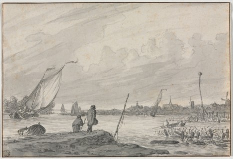 View of Alkmaar with Boats, 1600s. Netherlands, 17th century. Point of brush and gray ink and brush