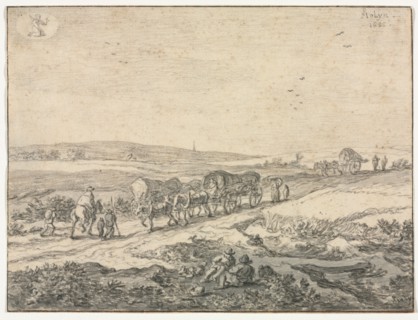 August: Landscape with Wagons, c.1655. Pieter Molyn (Dutch, 1595-1661). Black chalk and brush and