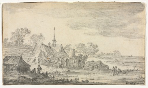 Group of Buildings on a Seashore, 1653. Jan van Goyen (Dutch, 1596-1656). Black chalk and brush and