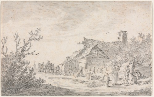 Landscape with a Cottage and Figures, 1653. Jan van Goyen (Dutch, 1596-1656). Black chalk and brush