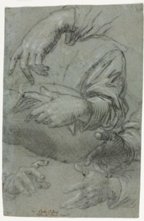 Studies of Hands (recto), c. 1586. Carletto Caliari (Italian, 1570-1596). Charcoal (stumped in