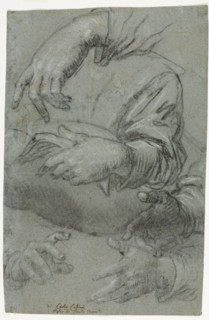 Studies of Hands (recto); Sketch of a Child's Head (verso), c. 1586. Carletto Caliari (Italian,