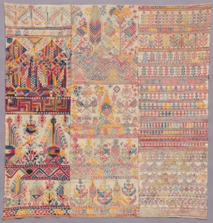 Embroidery sampler, 1800s. Morocco, Salé. Plain weave: cotton; embroidery, reversible cross-stitch: