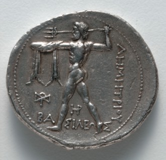 Tetradrachm: Poseidon hurling a trident (reverse), c. 300-295 BC. Greece, reign of Demetrius