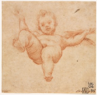 Flying Cupid, c. 1602. Follower of Annibale Carracci (Italian, c. 1560-1609). Red chalk; sheet: 14