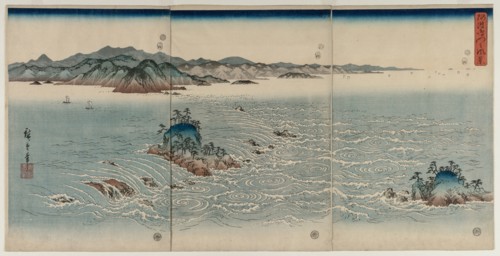 The Whirlpools of Awa, 1857. Utagawa Hiroshige (Japanese, 1797-1858). Triptych of color woodblock