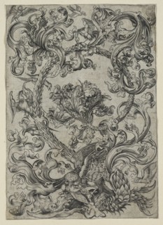 Ornamental Foliage, with an Owl and other Birds, 1400s. Germany, 15th century. Engraving