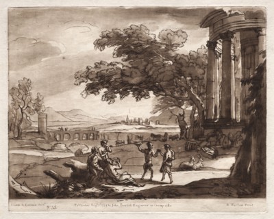 Liber Veritatis:  No. 55, A Landscape with a Temple and a Nymph and Satyr Dancing, 1774. Richard