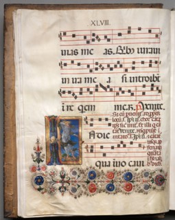 Antiphonary: Initial, angel, c. 1470-1480. Follower of Girolamo da Cremona (Italian). Ink, tempera,