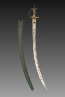 Silapa Sword with Green Leather Case., 1700s-1800s. India, 18th-19th Century. Gold with inlay and