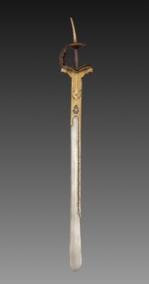 Sword, 1700s-1800s. India, 18th-19th Century. Watered steel blade with iron hilt inlaid with gold;