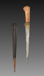 Dagger with Brown Leather Case, 1700s-1800s. India, 18th-19th Century. Silver inlay and leather;