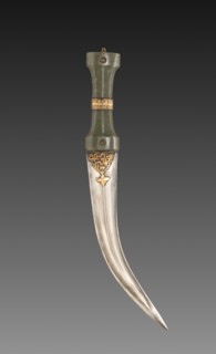 Dagger, 1700s-1800s. India, 18th-19th Century. Jade with raised gold work and velvet case; overall:
