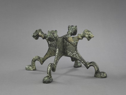 Lion-headed Stand, 1150-1220. Northern Iraq or Syria, Zengid or Ayyubid period. Cast brass inlaid
