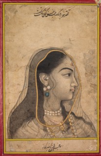 Head of a Beauty, c. 1750. India, Mughal school, 18th century. Ink, color, and gold on paper;