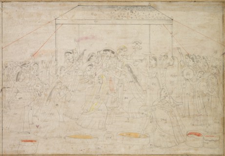 Hindu God Krishna Being Dressed in Women's Clothes for Spring Festival Holi, c. 1790. Northern