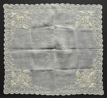 Handkerchief, 1857. Madeira, 19th century. Plain weave cotton? with cotton? embroidery; average: 45